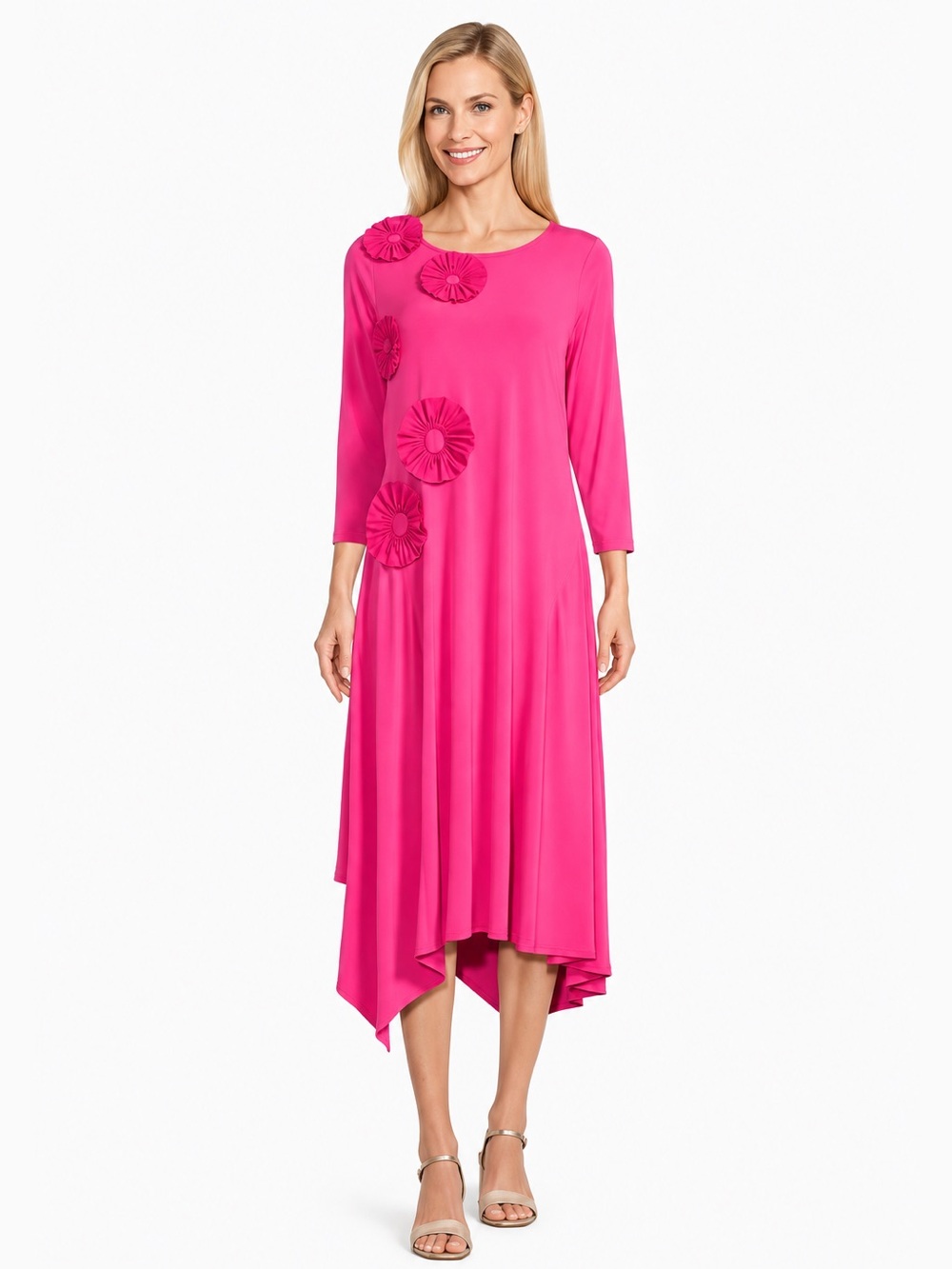 NWT IC Collection Floral Appliques 3/4 Sleeve A-Line Asymmetrical Hem Midi Dress